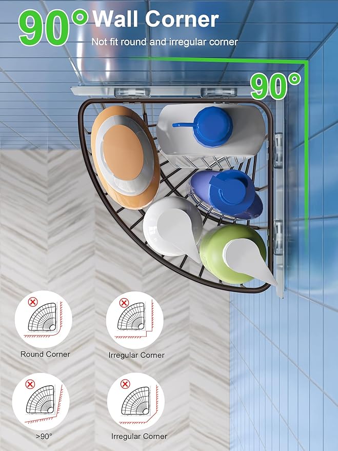 SMARTAKE 2-Pack Corner Shower Caddy Deep Basket Design, SUS304 Stainless Steel, Wall Mounted Bathroom Shelf with Adhesive, Storage Organizer for Toilet, Dorm and Kitchen (Bronze)