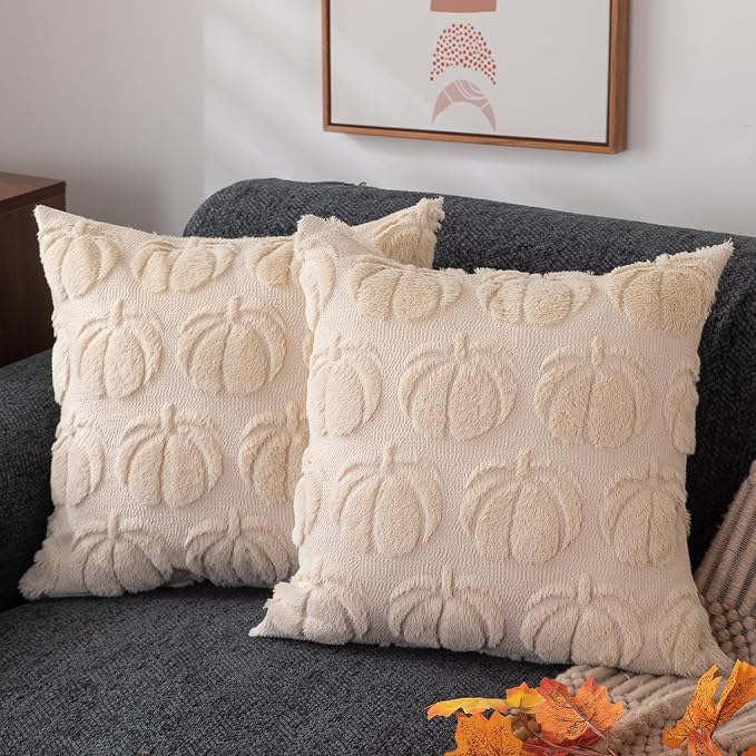DFXSZ Fall Pillow Covers 20x20 2Pcs Beige Pumpkin Fall Decorations for Home | Fall decor Set of 2 Throw Pillow Cases Soft Plush Faux Fur Wool Couch Cushion for Chair Sofa Bedroom Living Room Home Decor