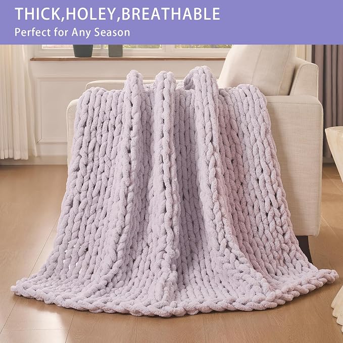 Bigacogo Chunky Knit Throw Blanket for Couch, 40x40 inches, Berry Haze | Hand Knit with Jumbo Chenille, Soft Breathable Cable Knit for Sofa Bed Living Room, Machine Washable, Gift for Mom Friend