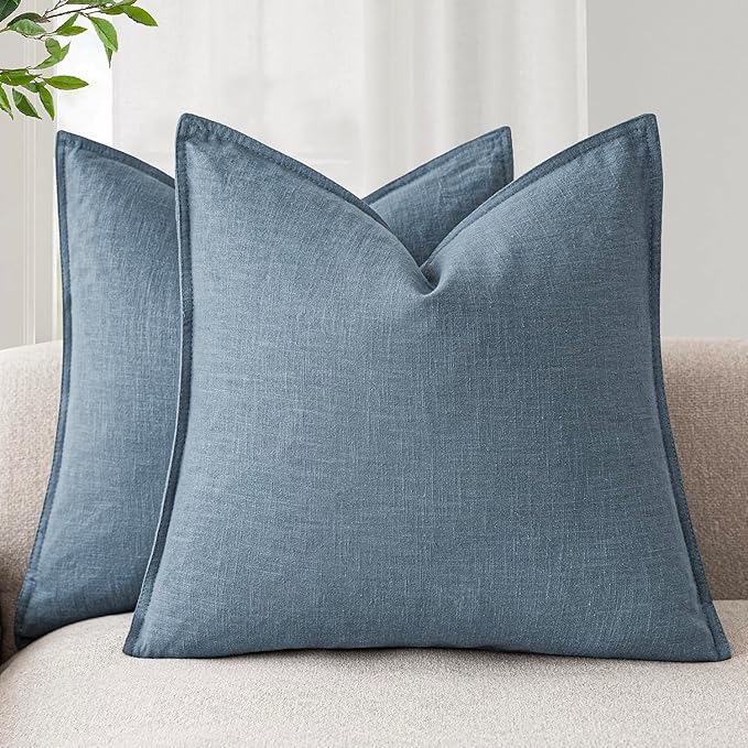 Foindtower Set of 2, Decorative Linen Solid Throw Pillow Covers Soft Accent Cushion Euro Case Boho Farmhouse Pillowcase for Chair Couch Sofa Bedroom Living Room Home Decor 16 x 16 Inch Misty Blue