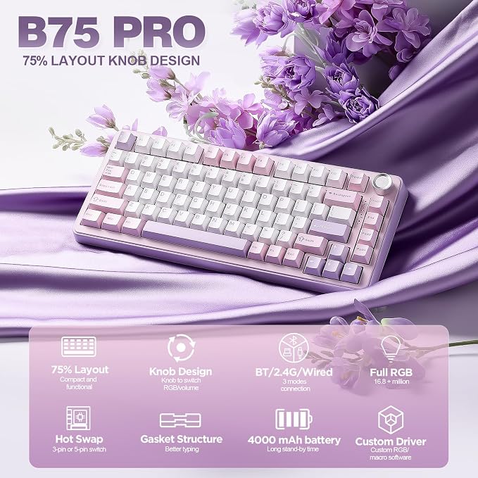 YUNZII B75 PRO 75% Wireless Mechanical Keyboard (Purple, Milk Switch) | Hot Swap Keyboard with Knob, Gasket Mount, Creamy Pre-lubed Switch for Smooth Typing, BT/USB-C/2.4G, for Gaming