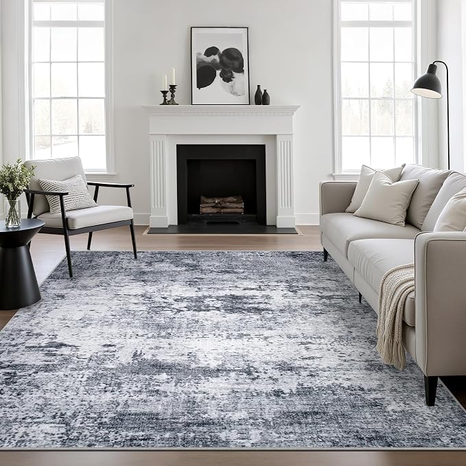 8x8 Area Rug Living Room Rug: Washable Modern Abstract Soft Thin Rug Indoor Floor No Slip Stain Resistant Carpet for Bedroom Dining Room Farmhouse Nursery Home Office - Grey