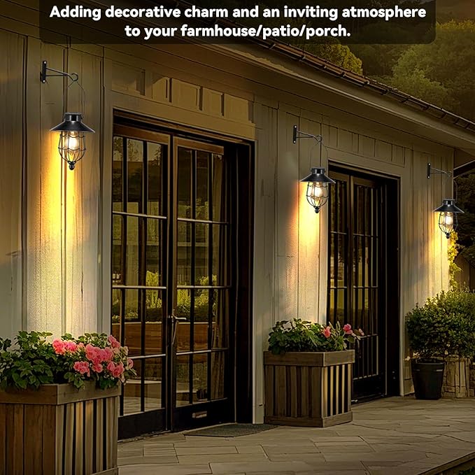 Solar Lanterns Outdoor Hanging Metal Vintage Lantern Warm White Solar Lights lamp Waterproof Edison Bulb Design for Pathway Garden Patio Yard Tree Decoration (Black)