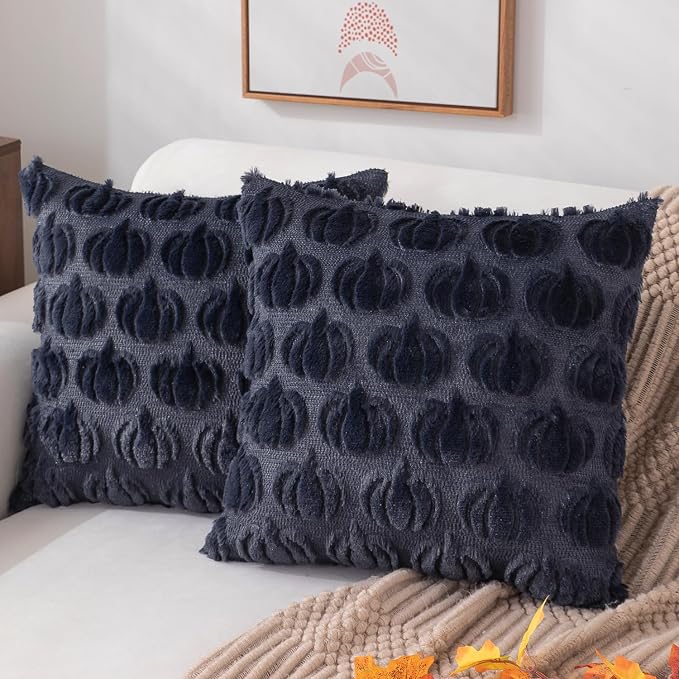 DFXSZ Fall Pillow Covers 16x16 2Pcs Navy Blue Pumpkin Fall Decorations | Fall decor Set of 2 Throw Pillow Cases Soft Plush Faux Fur Wool Couch Cushion for Chair Sofa Bedroom Living Room Home Decor