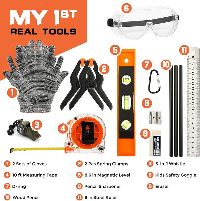 INCLY 18PCS Kids Tool Set with Reinforced Belt, Adjustable Waist 20"-32", Boys Real Hand Tools Kit Children Construction Learning Tools Hammer Screwdriver for Home DIY Building & Woodworking