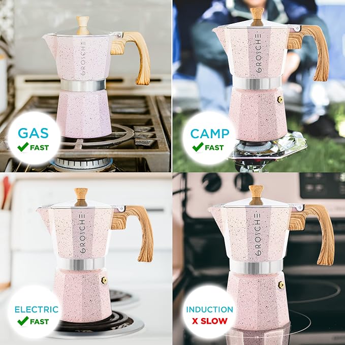 GROSCHE Milano Stovetop Espresso Maker Moka Pot 9 espresso Cup 15.2 oz Pink | Cuban Coffee Maker And Italian Moka Pot For Stovetop Espresso; For Gas, Electric, And Propane Stoves With A Soft-Touch Handle