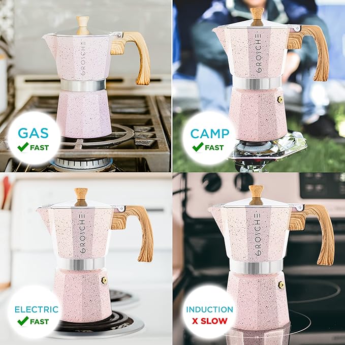 GROSCHE Milano Stovetop Espresso Maker Moka Pot 6 espresso Cup 9.3 oz Pink | Cuban Coffee Maker And Italian Moka Pot For Stovetop Espresso; For Gas, Electric, And Propane Stoves With A Soft-Touch Handle