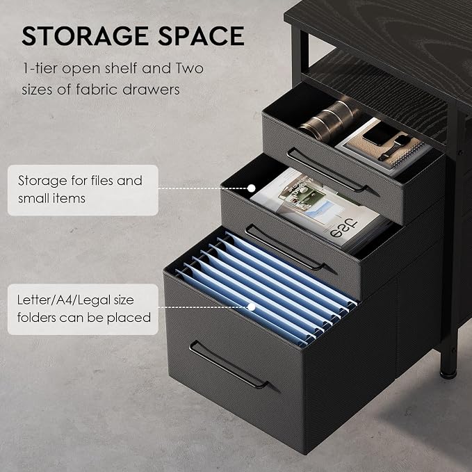 Maihail Small Desk with Drawers, Office Desk with Storage Shelves, Black | 47 Inch Desktop, Metal Frame, 3 Fabric Drawers, Storage Shelves, Computer & Writing Desk, Office Gaming Workstation