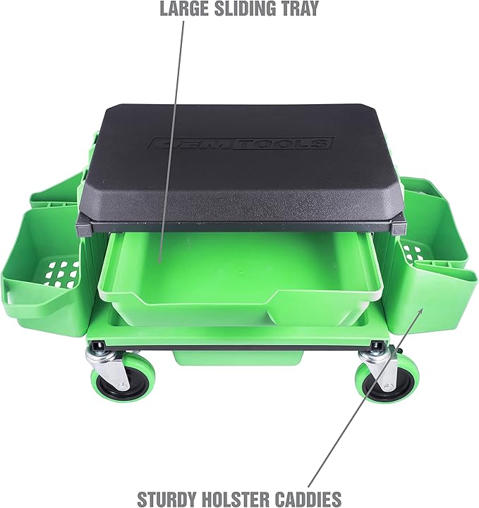 OEMTOOLS Sidekick Rolling Mechanic Stool – 5 Tool Trays, Cushioned Seat, 330 lb Capacity (Green)