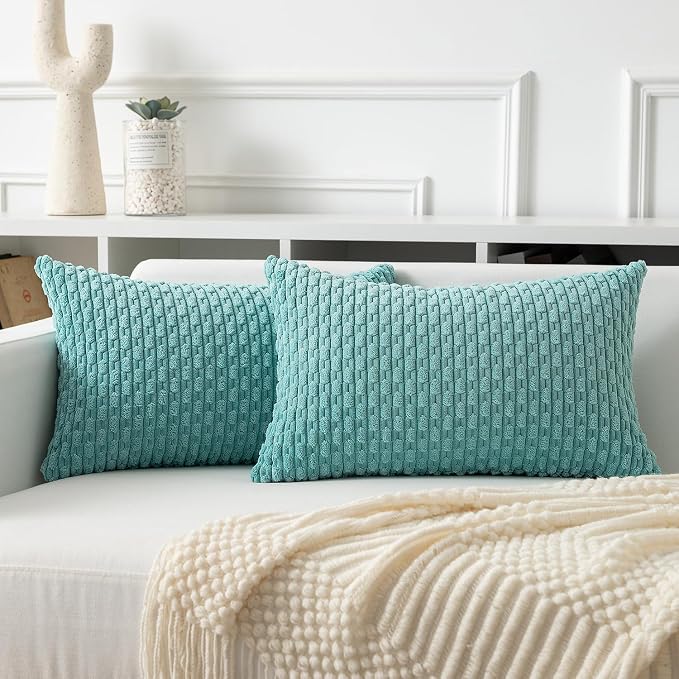 Kevin Textile Soft Corduroy 14"x24" Lumbar Pillow Cover 1 Pack, Aqua Green | Boho Stripe Plush Corduroy Decorative Oblong Cushion Cover Modern Farmhouse Home Decor for Sofa Couch Bed Chair