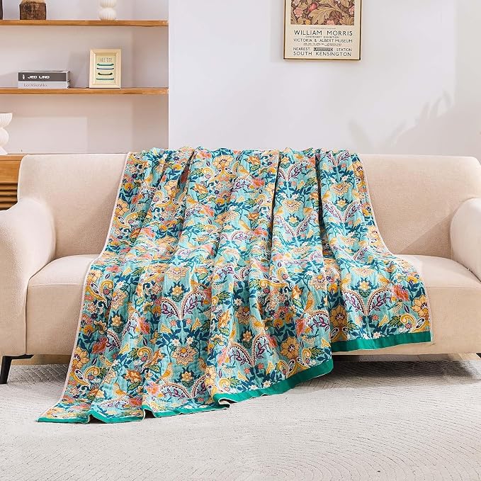 XIBLC Boho Blanket Throw Quilt, 100% Cotton Soft Light Weight Throw Blankets for Summer, 50"x60" Farmhouse Flower Decorative Blankets, All Season Rustic Reversible Bohemian Throw Quilt