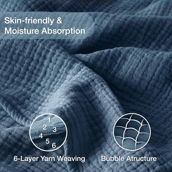 100% Cotton Muslin Blanket 50" x 60", Breathable and Lightweight Cotton Throw Blankets for Couch, Soft Cooling Summer Gauze Blanket for Adults All Season, Grayish Blue