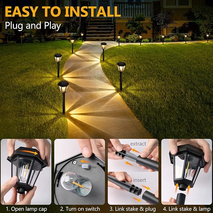 Solar Lights Outdoor 8 Pack Pathway Lights Waterproof with 3000K Vintage Tungsten Filament Light Bulbs for Yard Garden Walkway Driveway Landscape Path