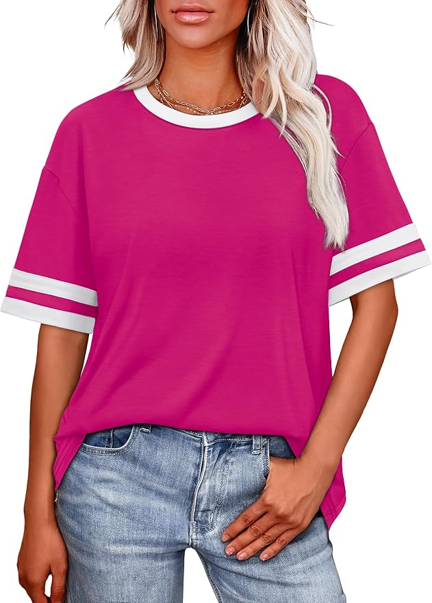WIHOLL Womens T Shirts Loose Fit Short Sleeve Tees Crew Neck Color Block Summer Tops 2026 Fashion