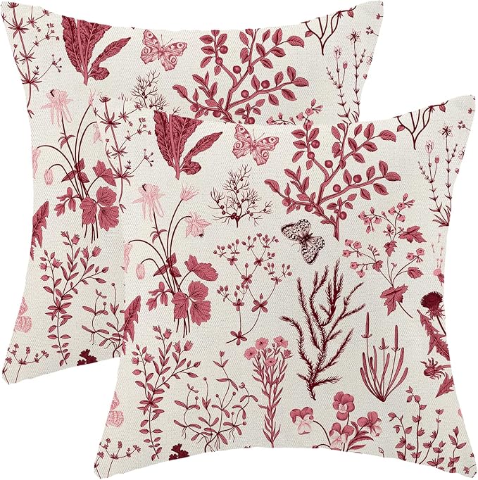 Christmas Pillow Covers 20x20 Inch Set of 2,Burgundy Red Wild Flower Plant Throw Pillows Case,Seasonal Floral Outdoor Decorative Square Linen Farmhouse Decor Cushion Covers for Home Sofa bed Couch
