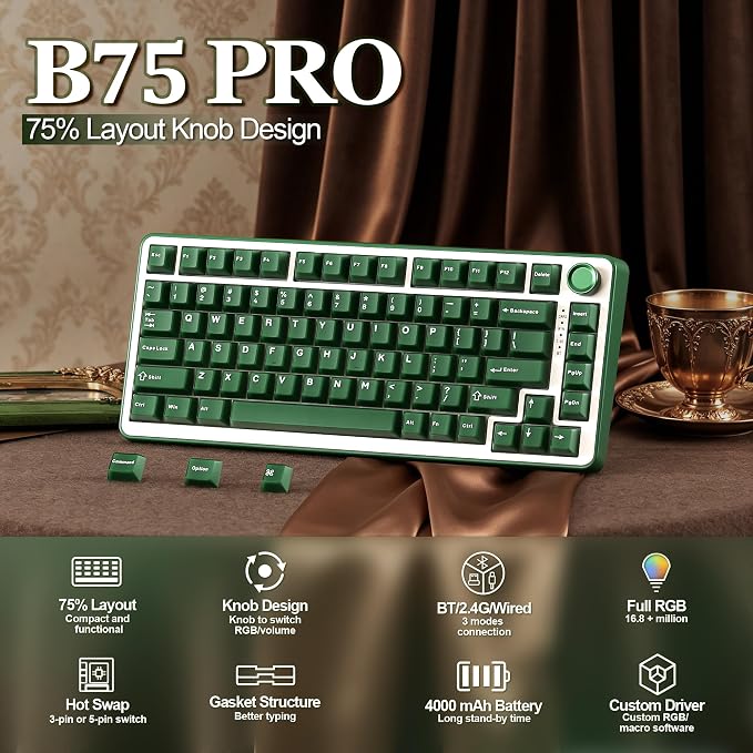 YUNZII B75 PRO 75% Wireless Mechanical Keyboard (Olive Green,Milk Switch) | Hot Swap Keyboard with Knob, Gasket Mount, Creamy Pre-lubed Switch for Smooth Typing, BT/USB-C/2.4G, for Gaming