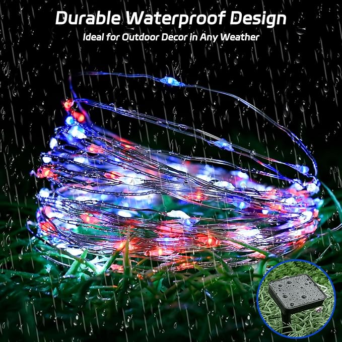 Red White and Blue Solar Fairy Lights, Memorial Day Lights Waterproof Outdoor 39.4ft 120LED 8 Modes Memory Function Independence Day Memorial Day Decorations, CS-SL-5M