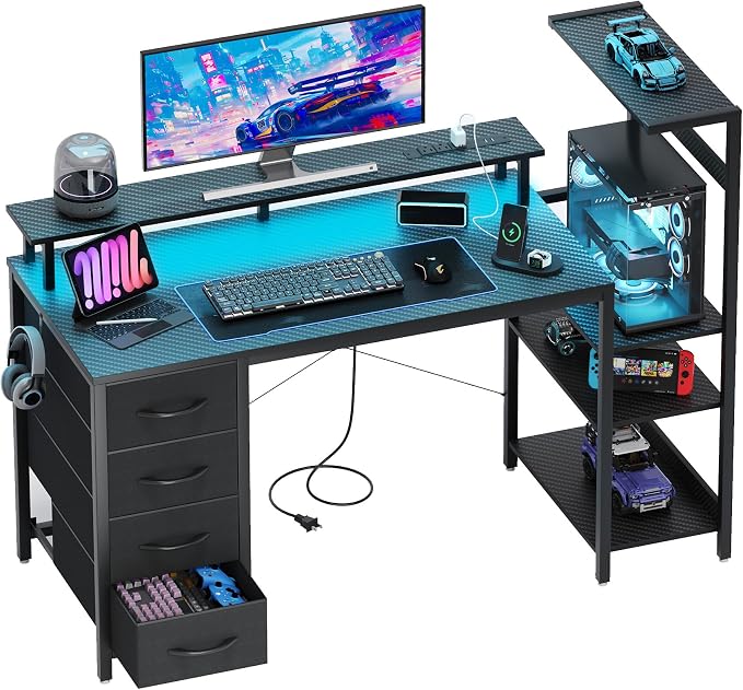 51 Inch Gaming Desk with Drawers & PC Tower Stand & LED Lights, Black | Reversible, Monitor Shelf, Power Outlets, Carbon Fiber, Mesa Gamer, Computer Desk with Storage, Gaming Table for Home Office