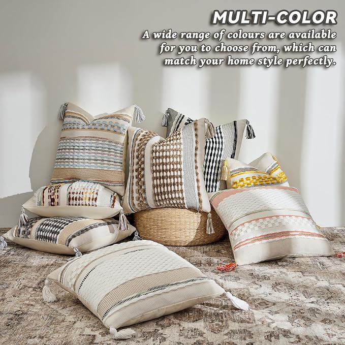 Chenille Striped Textured Boho Throw Pillow Covers Aesthetic with Tassels Woven Decorative Pillow Case for Couch Bed Sofa Bedroom Modern Funky 18 x 18-Inch Taos Taupe