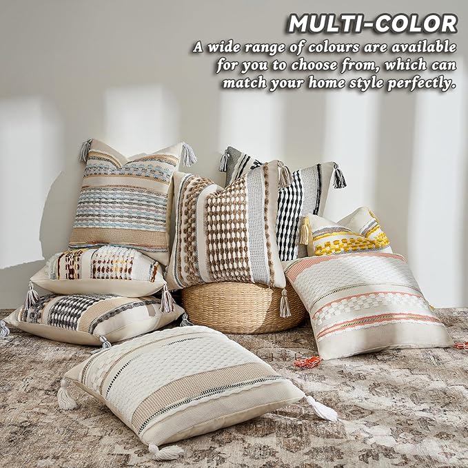 Chenille Striped Textured Boho Throw Pillow Covers Aesthetic with Tassels Woven Decorative Pillow Case for Couch Bed Sofa Bedroom Modern Funky 18 x 18-Inch White Orange