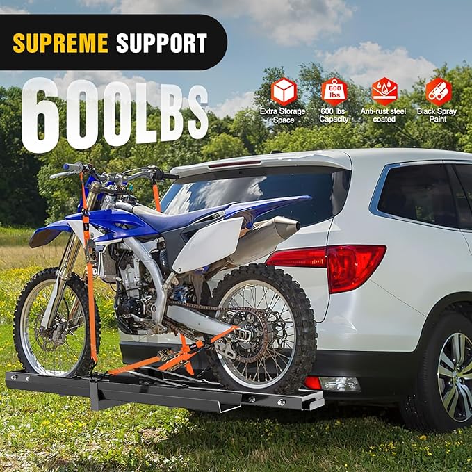 Nilight Motorcycle Hitch Carrier 600LBS, Heavy Duty Dirt Bike Hitch Hauler with 55.11" Longer Ramp, Pin, Tie-Down Strap and Tightener, 2" Receiver, 5" Wide Tire