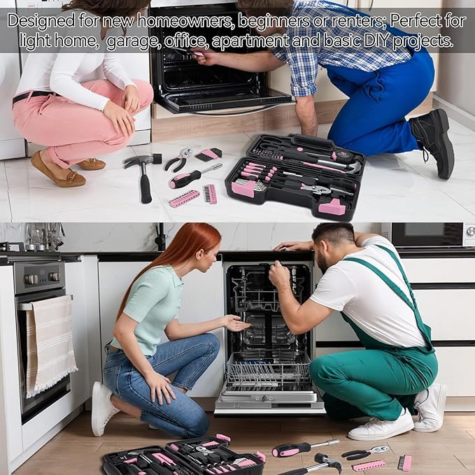 58 Piece Household Tool Set, General Household Hand Tool Kit with Plastic Toolbox Storage Case, All Purpose Household Tool Kit for Women, Girls and Ladies, Pink