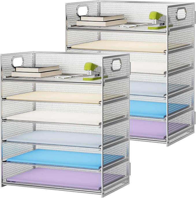 Marbrasse 2 Pack Desk Organizer with Handle, 6 Tier Paper Letter Tray, Mesh Desk File Organizer for Office, School and Home - Silver