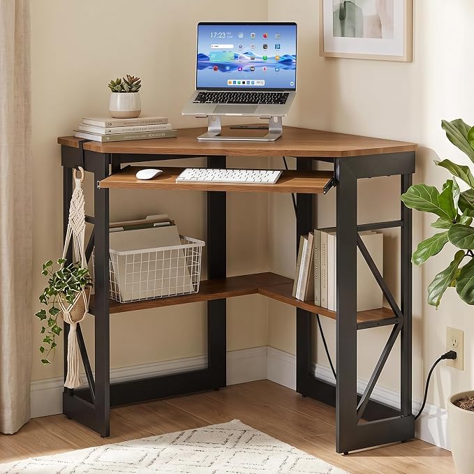 VECELO Corner Desk, Triangle Computer Desk for Small Space with Charging Station and Keyboard Tray, Corner Makeup Table with Storage Shelves for Home Office Bedroom, 41x30, Light Walnut