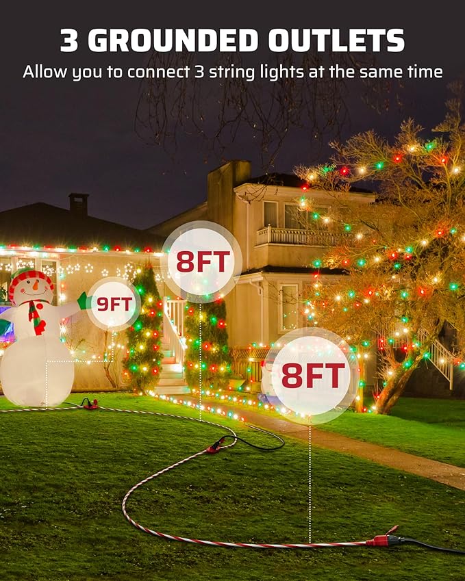 DEWENWILS 25FT Outdoor Extension Cord with Multiple Spaced Outlets Plugs, 16/3 SJTW Power Cord for Outdoor String Lights and Holiday Decorations, Appliances, UL Listed, Candy Cane