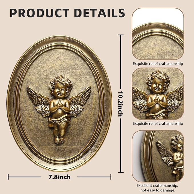 Newinhome Vintage Cherub Wall Sculptures Set of 2 Antique Wall Decor Oval Aesthetic Room Decor Vintage Decoration for Living Room Hallway and Bedroom (Gold Cherubs)