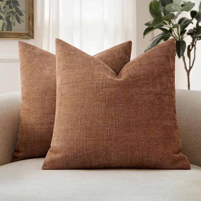 MIULEE 24x24 Inch Euro Textured Chenille Throw Pillow Covers Pecan Brown | Pack of 2 Decorative Soft Throw Pillows,Solid Textured Cushion Covers,Modern Home Decor for Bed Couch Sofa Bedroom Livingroom