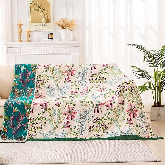 XIBLC Boho Throw Blanket for Bed, 100% Cotton Soft Rustic Quilt Fall Blanket, 90"x98" Floral Printed Farmhouse Decor Bed Blankets, All Season Rustic Reversible Bohemian Throw Quilt