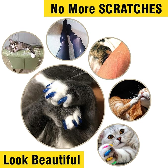 zetpo 100 pcs Cat Nail Caps | Cat Claw Covers | with Adhesives and Applicators (M, Purple, Violet, Blue, Sky Blue, Turquoise)