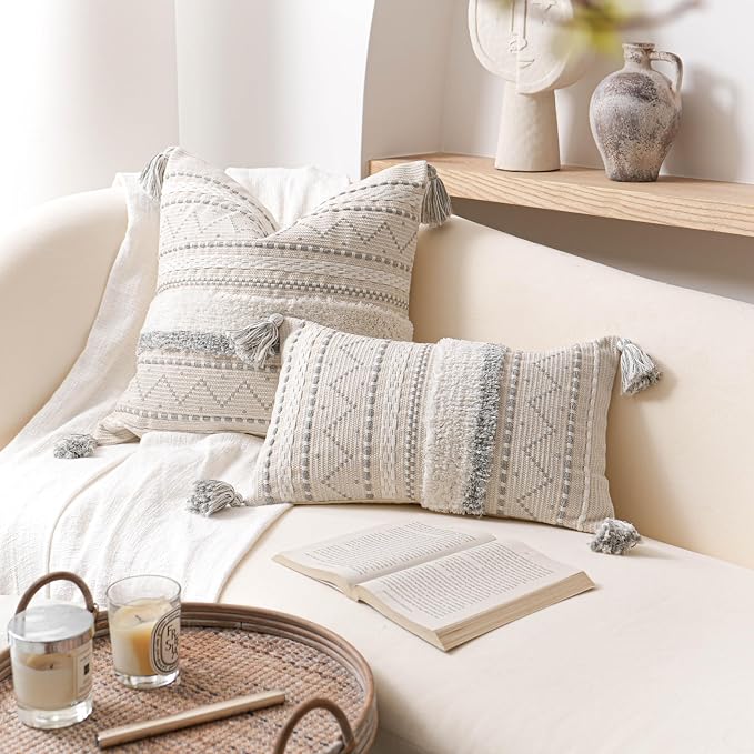 18X18 Throw Pillow Cover, Cream Neutral Square Decorative Cushion Cover with Gray Pattern, Boho Accent Pillowcase with Tufted Details and Tassels for Couch Sofa Living Room (Cover Only)