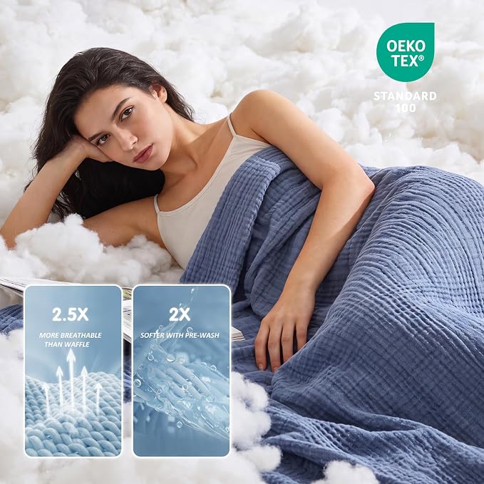 EMME Cotton Muslin Twin XL Blanket Breathable Gauze Soft Lightweight Adults Gifts for Women (Heather Navy, 66"x90")