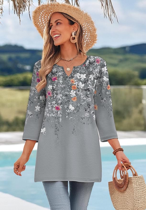 OFEEFAN Summer Boho Tops For Women 3/4 Length Sleeve Womens Tops Vacation Outfits