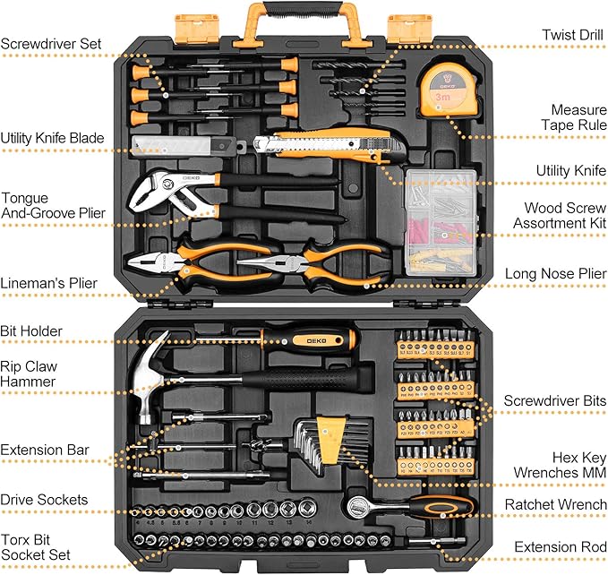 DEKO 196 Piece Tool Set General Household Hand Tool Kit with Rip Claw Hammer,Lineman's Plier, Measure Tape Rule & Plastic Toolbox Storage Case