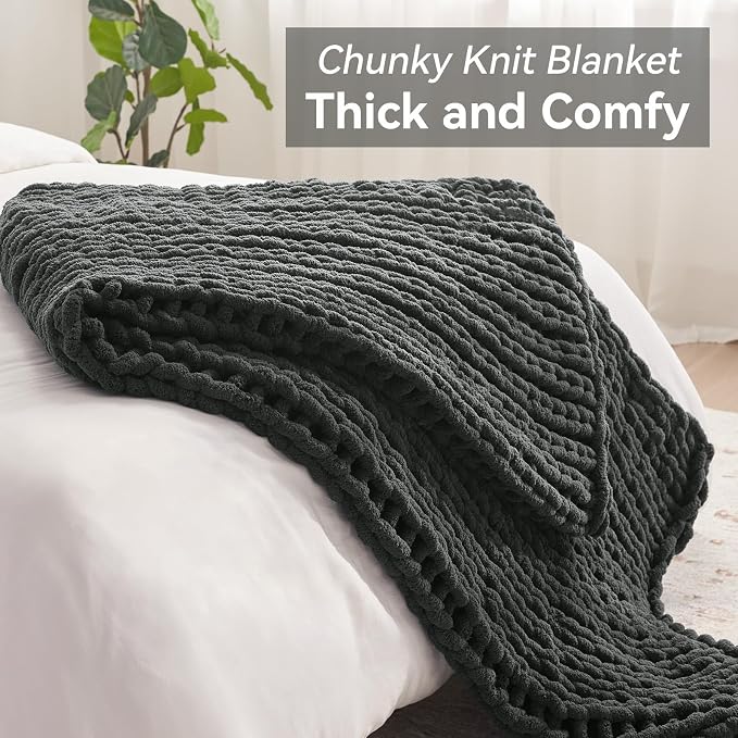 Negwoo Chunky Knit Throw Blanket, Knitted Throw Chenille Yarn, 50"*60" | Soft Thick Cable Knitted Blankets, Handmade Big Thick Blanket, Machine Washable Cute Comfy Blanket for Home Decor, Dark grey