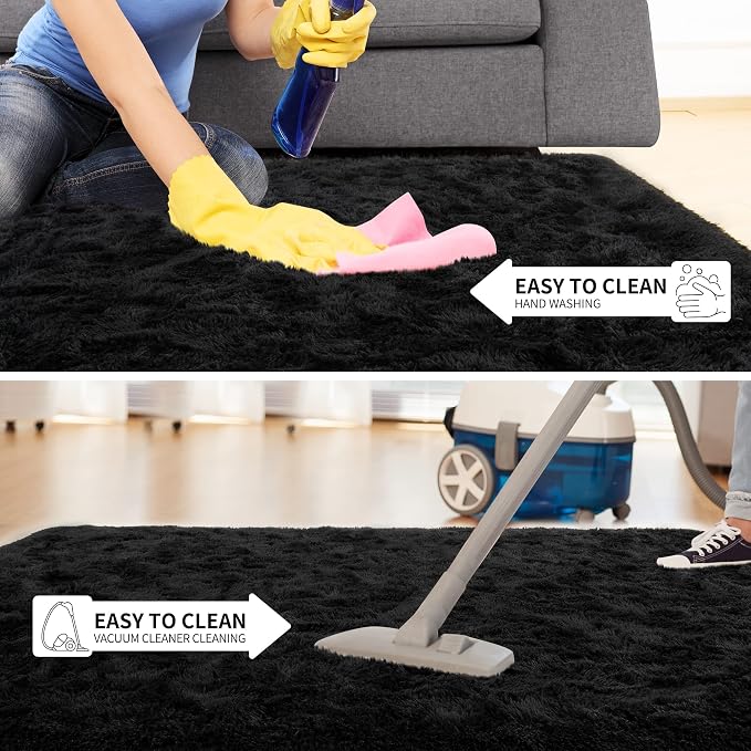 Tepook Super Soft Fluffy Rugs for Bedroom, Shag 5x7 Area Rugs for Living Room, Modern Shaggy Rug Fuzzy Carpets for Kids, Plush Indoor Nursery Home Decor Rug with Non-Slip Bottom, Black