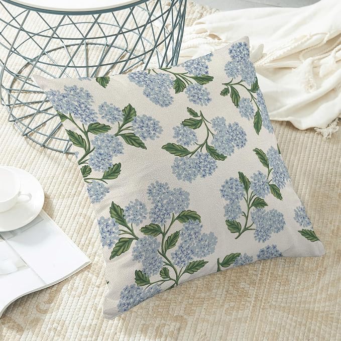 AEIOAE Spring Pillow Covers 18x18 Inch Set of 2, Green Blue Hydrangea Flower Throw Pillows Case,Floral Summer Outdoor Seasonal Decorative Farmhouse Decor Cushion Covers for Home Sofa Bed Couch