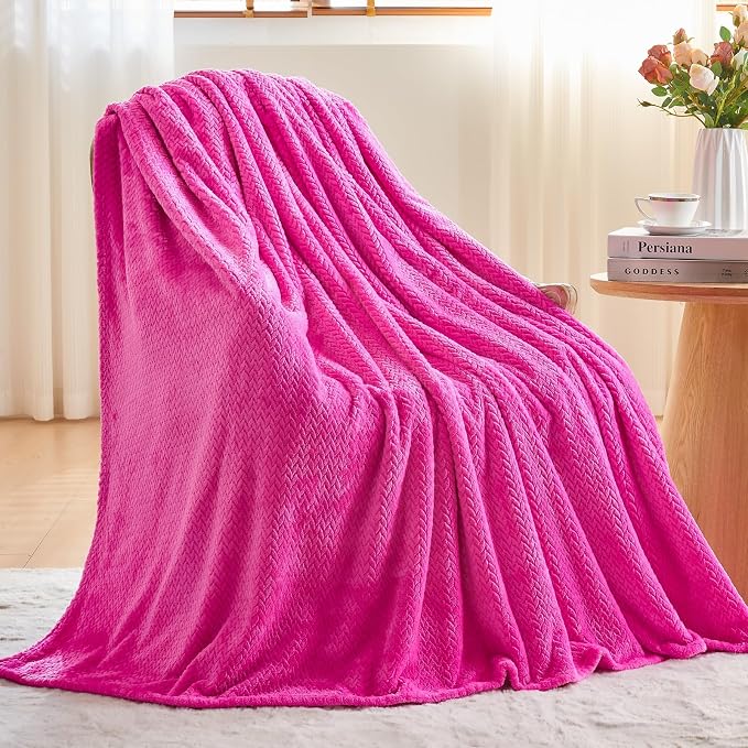 NEWCOSPLAY Fleece Leaves Pattern Queen Blanket, Hot Pink, 90"x90" | Super Soft Throw Blanket, Lightweight Cozy Bed Sofa Blanket, Premium Silky Flannel Fleece, Travel Blanket for All Season Use