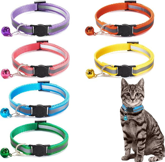 6-Pack Reflective Cat Collars with Bell – Breakaway Safety Nylon Kitten Collars, Adjustable Pet Collars with Charming Bells, Mixed Colors in one Package.