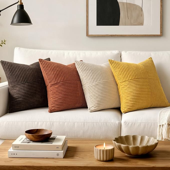 MIULEE Mustard Yellow Decorative Euro Sham Pillow Covers 24x24 Inch 2 Pack | Boho Farmhouse Pillow Covers, Soft Cross Corduroy Patchwork Textured Cushion Cases For Couch Bed Sofa