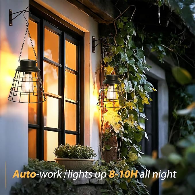 2 Pack Solar Lanterns Outdoor Waterproof , Metal Cage Design with Replaceable LED Bulb, Waterproof Vintage Decorative Light for Patio, Garden, and Yard (5.9" x 6.1", Black)