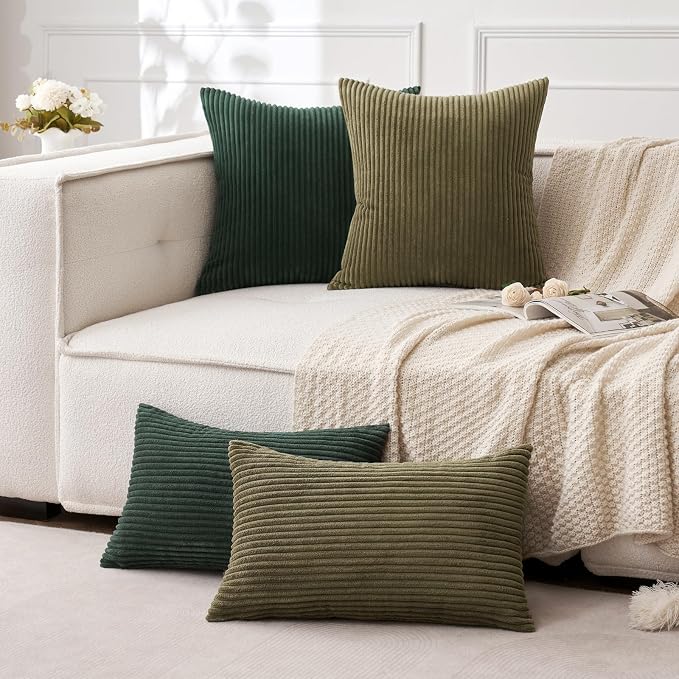 MIULEE Decorative Corduroy Throw Pillow Covers Set of 2 16x16 Army Green | Soft Striped Textured Cushion Cases, Boho Natural Greenery Pillowcases for Home Decor, for Couch Chair Sofa Bed Living Room