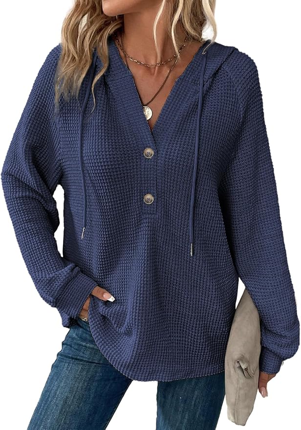 Dokotoo Hoodies for Women Waffle Knit Long Sleeve Drawstring Button V Neck Casual Sweatshirt Hooded Tops Fashion Clothing