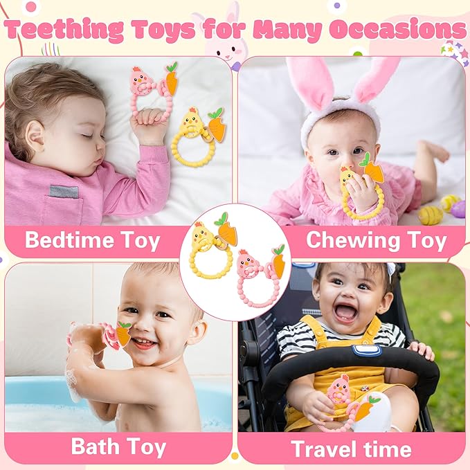 Silicone Teether Toys for Babies - 2ooya 2Pcs Easter Pink Yellow Carrot Chick Teething Ring Infant Soft Teethers, Toddler Teething Chew Toys for Newborn Boy and Girl Easter Baby Shower Birthday Gifts