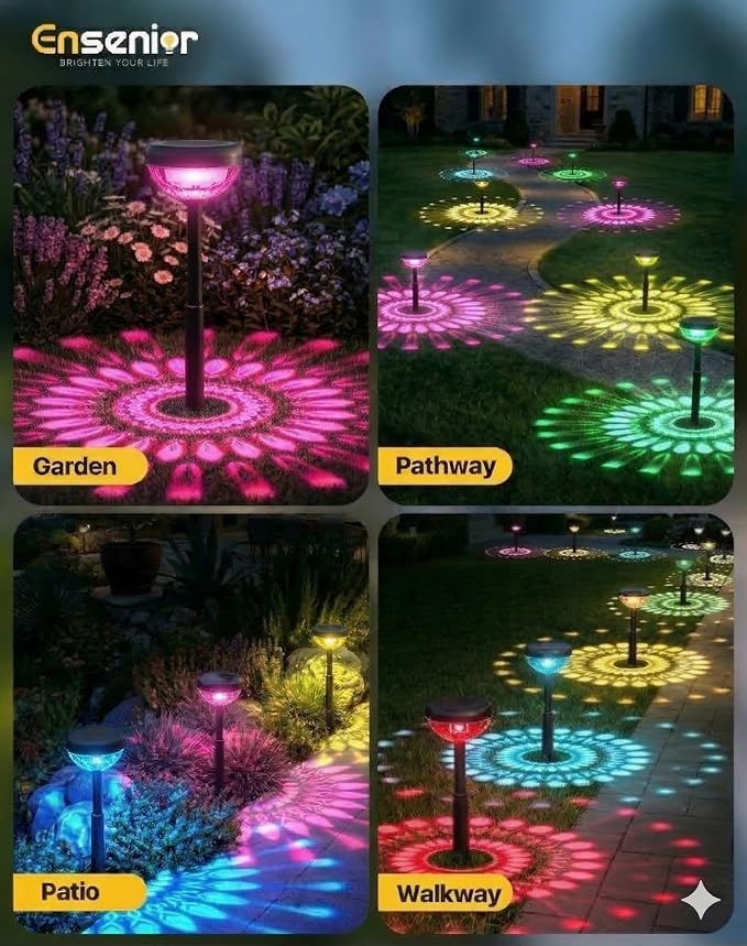 Ensenior Solar Pathway Lights IP65 Waterproof, RGB Color Changing & 6500K Cool White, 8-16Hr Runtime, Flower Pattern Garden Lights for Walkway Porch Yard - 6 Pack