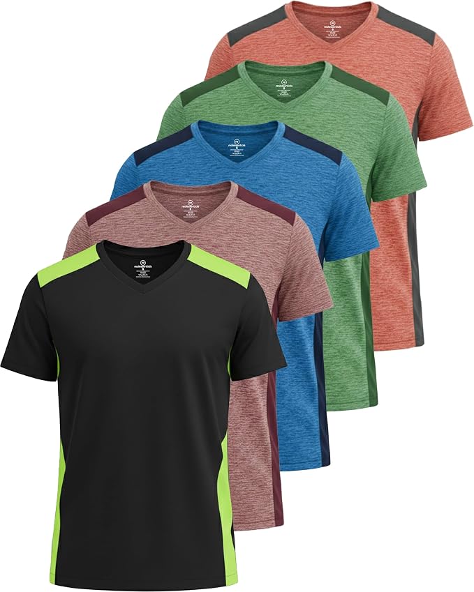 5 Pack Men's Dry Fit V Neck Gym Workout T Shirts Athletic Moisture Wicking | Cooling, Quick Dry, Breathable, Short Sleeve, Exercise, Cycling, Sports, Outdoor, Fitness, Golf, Crossfit, Hiking, Tennis