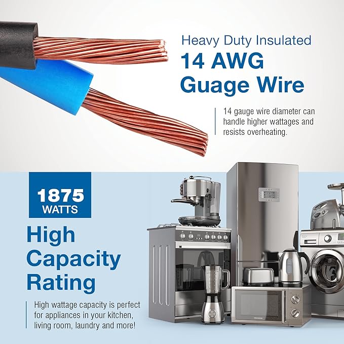 Appliance Extension Cord - 3ft Heavy Duty Gray Extension Wire for Air Conditioner, Refrigerator, & All Major Appliances - 14 Gauge High Voltage 3 Prong Flat-End Appliance Cord, for Indoor use